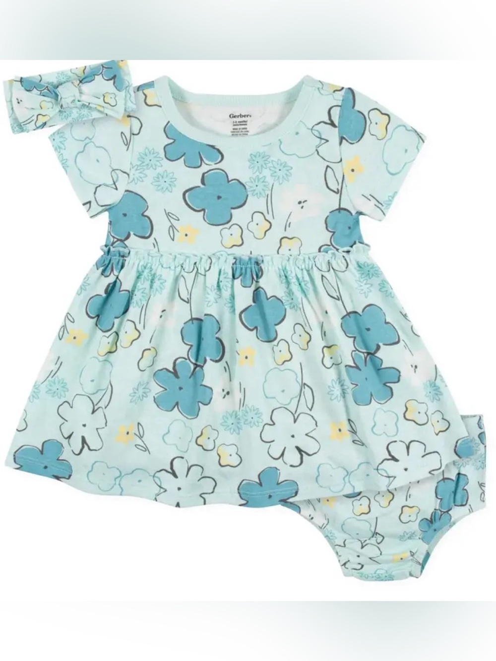 Gerber Aqua Floral Baby Dress with Matching Bloomers and head band